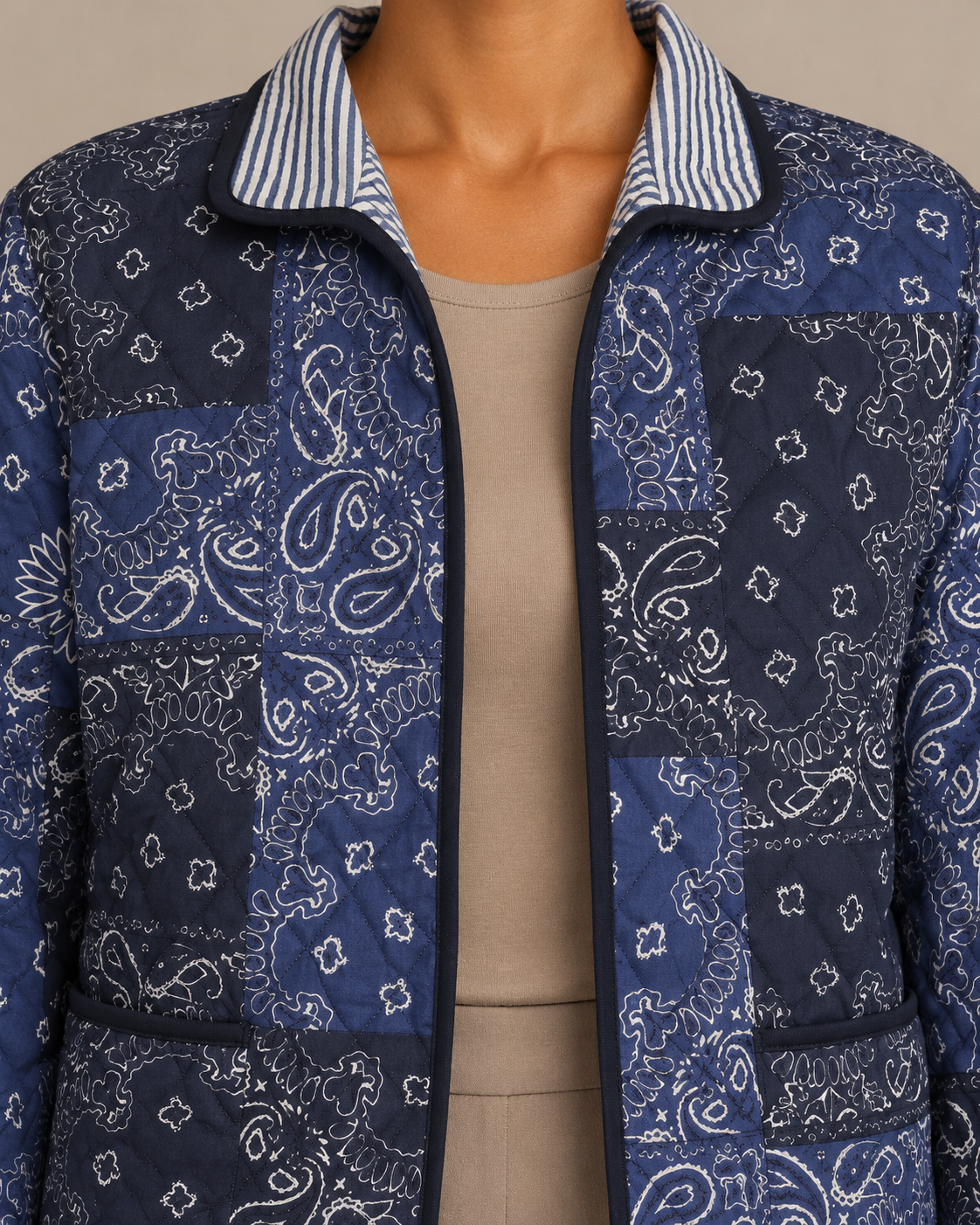 Neel Navy Paisley Quilted Jacket with Patchwork Print | ibBan