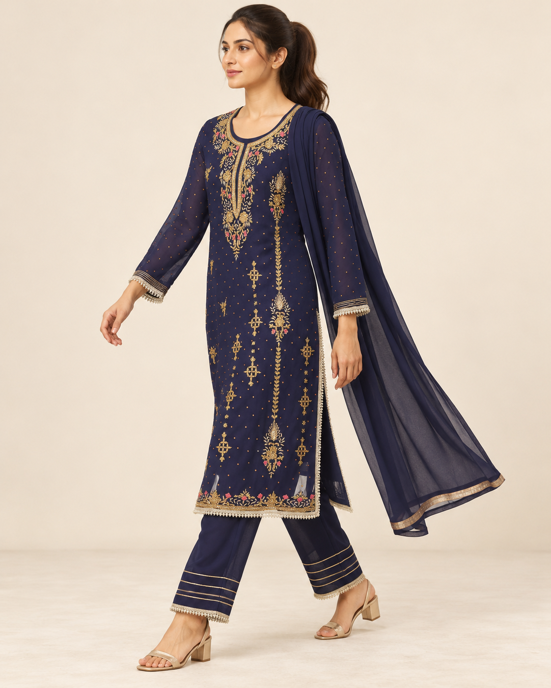 Anchal Navy Blue Embroidered Suit with Dupatta | ibBan