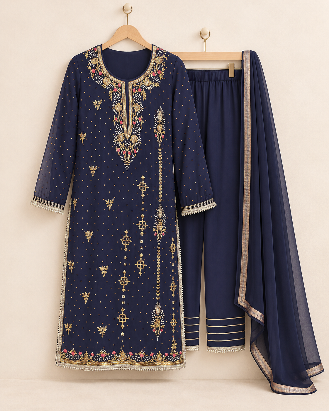 Anchal Navy Blue Embroidered Suit with Dupatta | ibBan