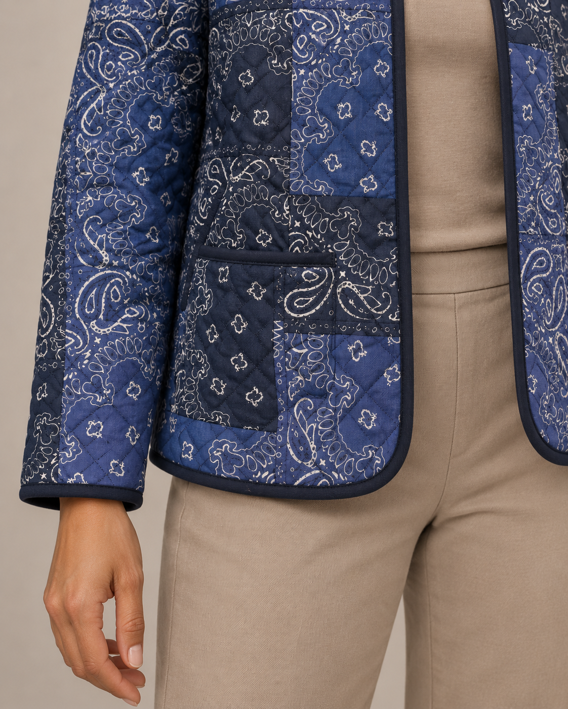 Neel Navy Paisley Quilted Jacket with Patchwork Print | ibBan