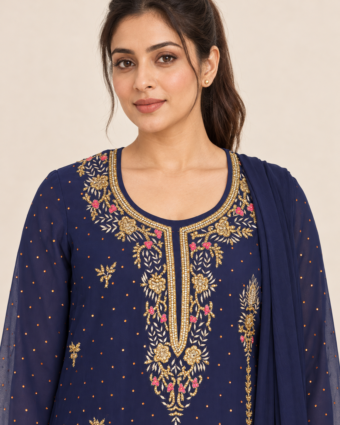 Anchal Navy Blue Embroidered Suit with Dupatta | ibBan