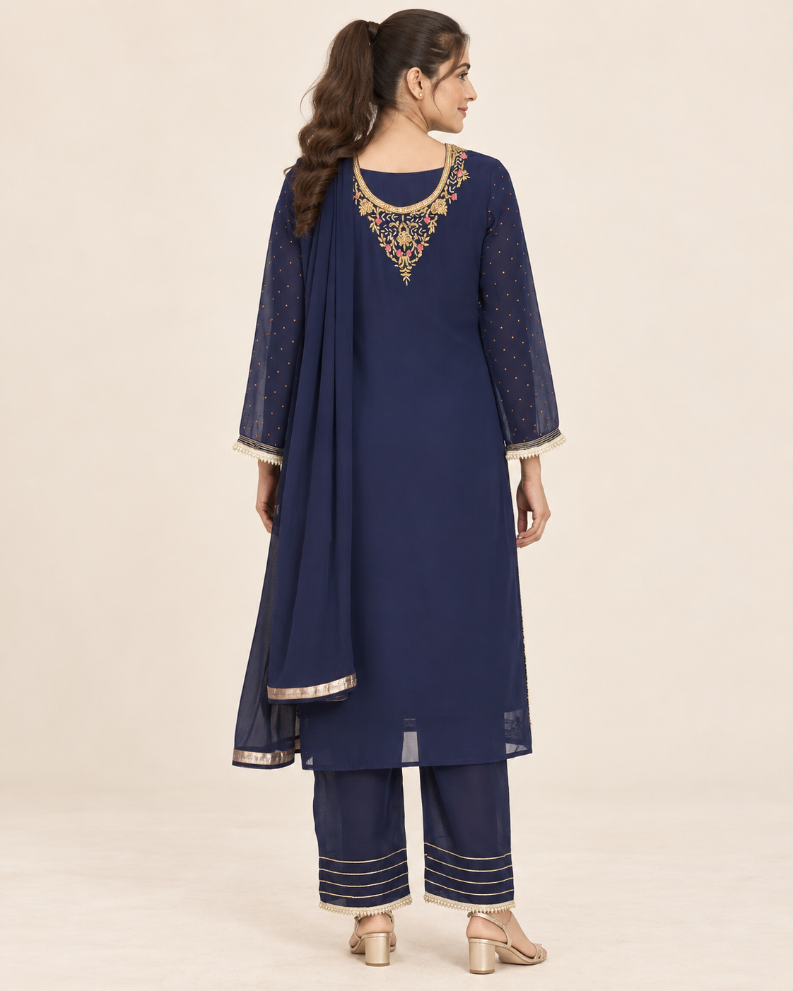 Anchal Navy Blue Embroidered Suit with Dupatta | ibBan