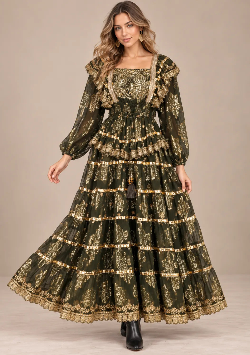 Ibban Women's Cotton Lurex Chari Long Maxi Dress with Gold Embroidery