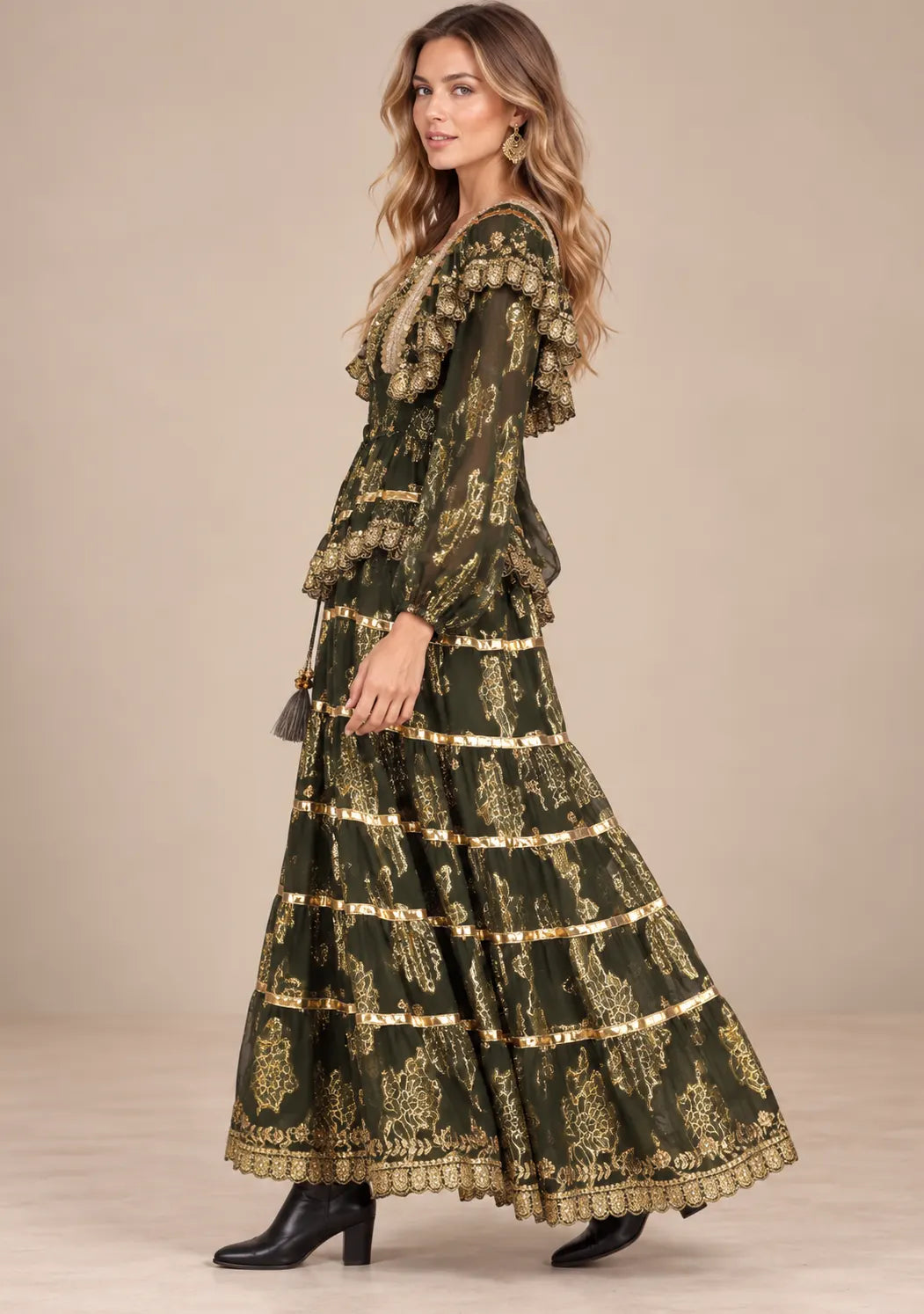 Ibban Women's Cotton Lurex Chari Long Maxi Dress with Gold Embroidery