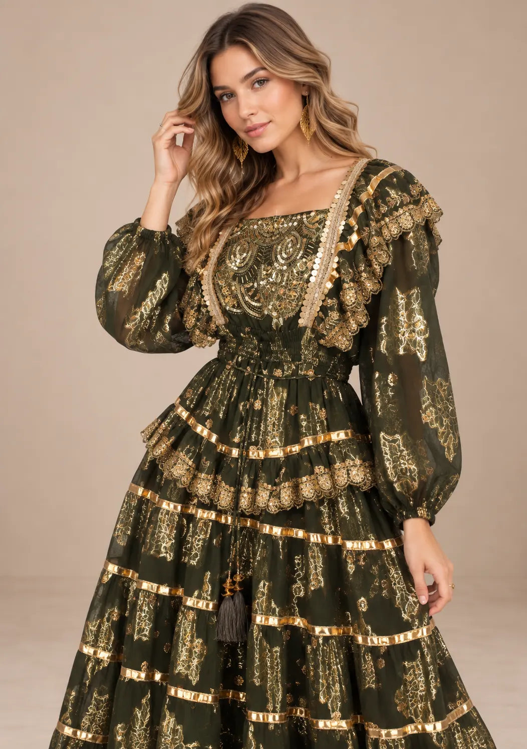 Ibban Women's Cotton Lurex Chari Long Maxi Dress with Gold Embroidery
