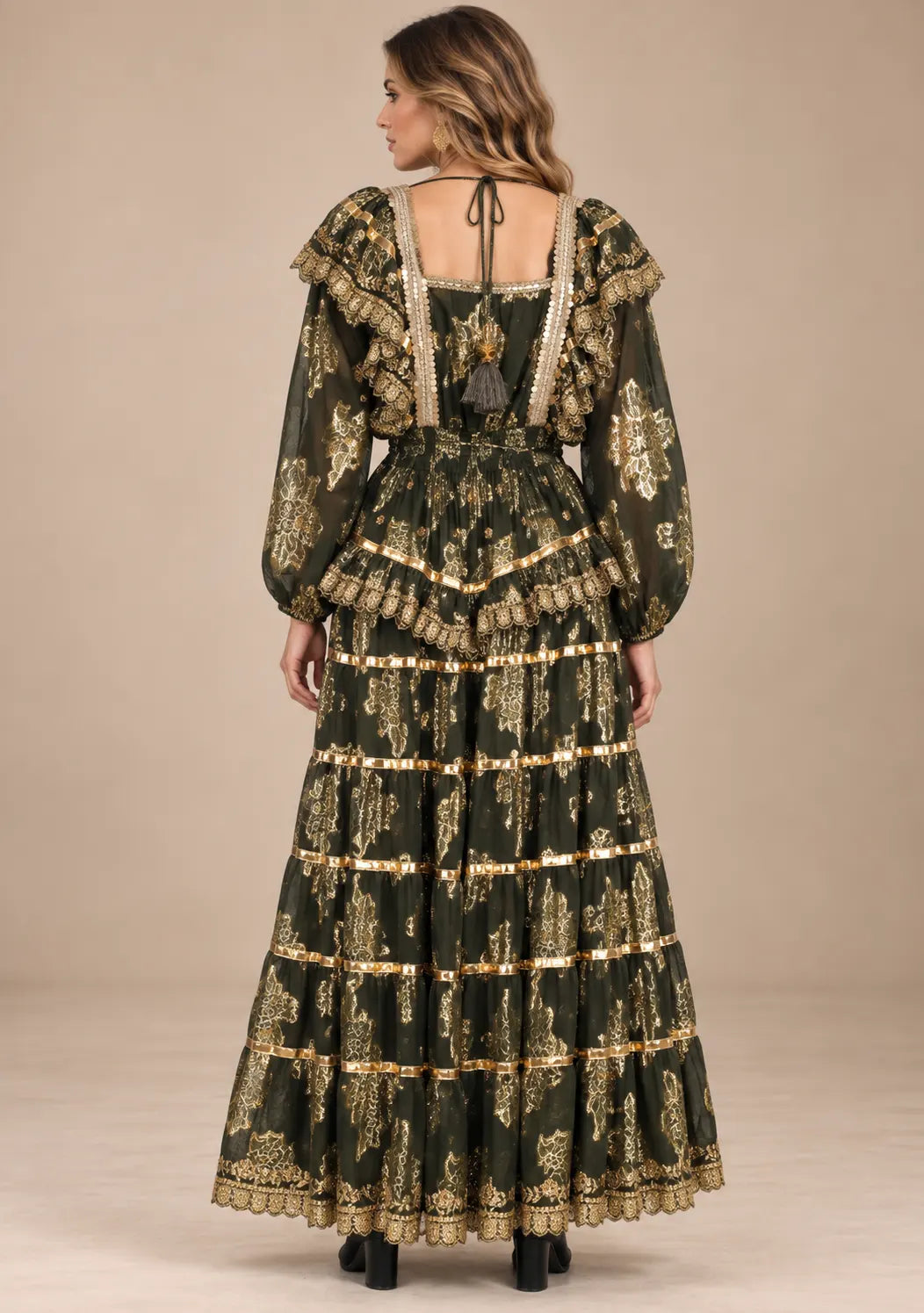 Ibban Women's Cotton Lurex Chari Long Maxi Dress with Gold Embroidery
