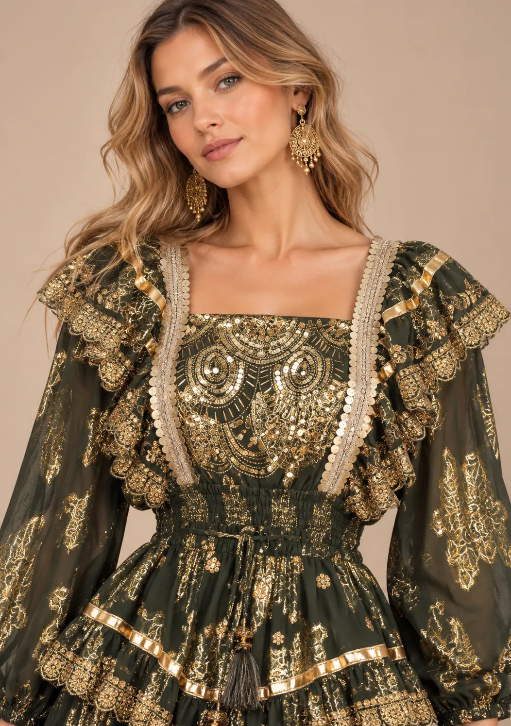 Ibban Women's Cotton Lurex Chari Long Maxi Dress with Gold Embroidery