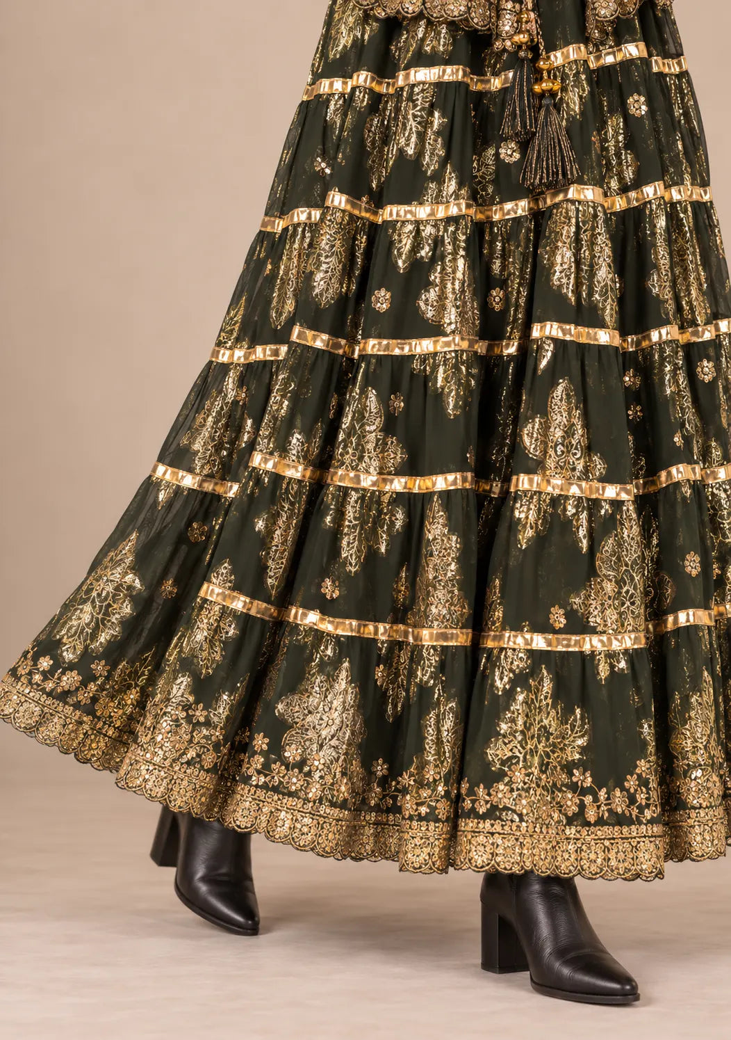 Ibban Women's Cotton Lurex Chari Long Maxi Dress with Gold Embroidery