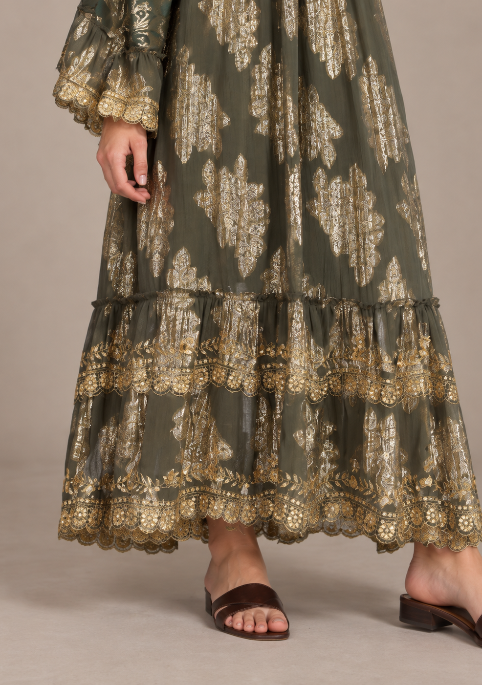 Sofiya Black & Gold Long Dress with Bell Sleeves & Tassel Ties | ibBan