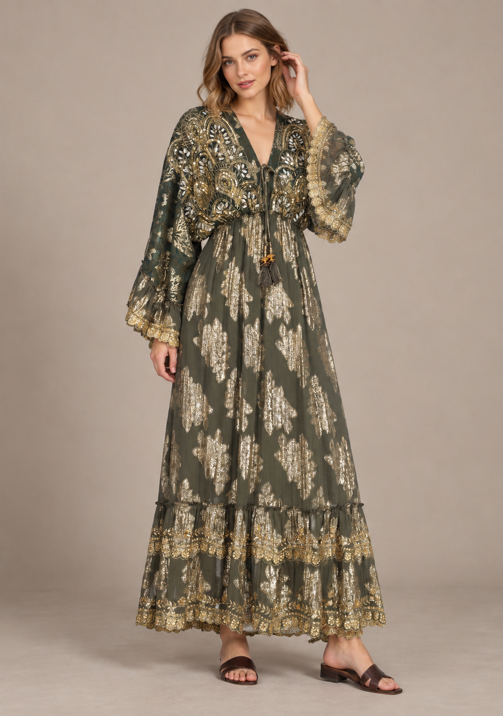 Sofiya Black & Gold Long Dress with Bell Sleeves & Tassel Ties | ibBan