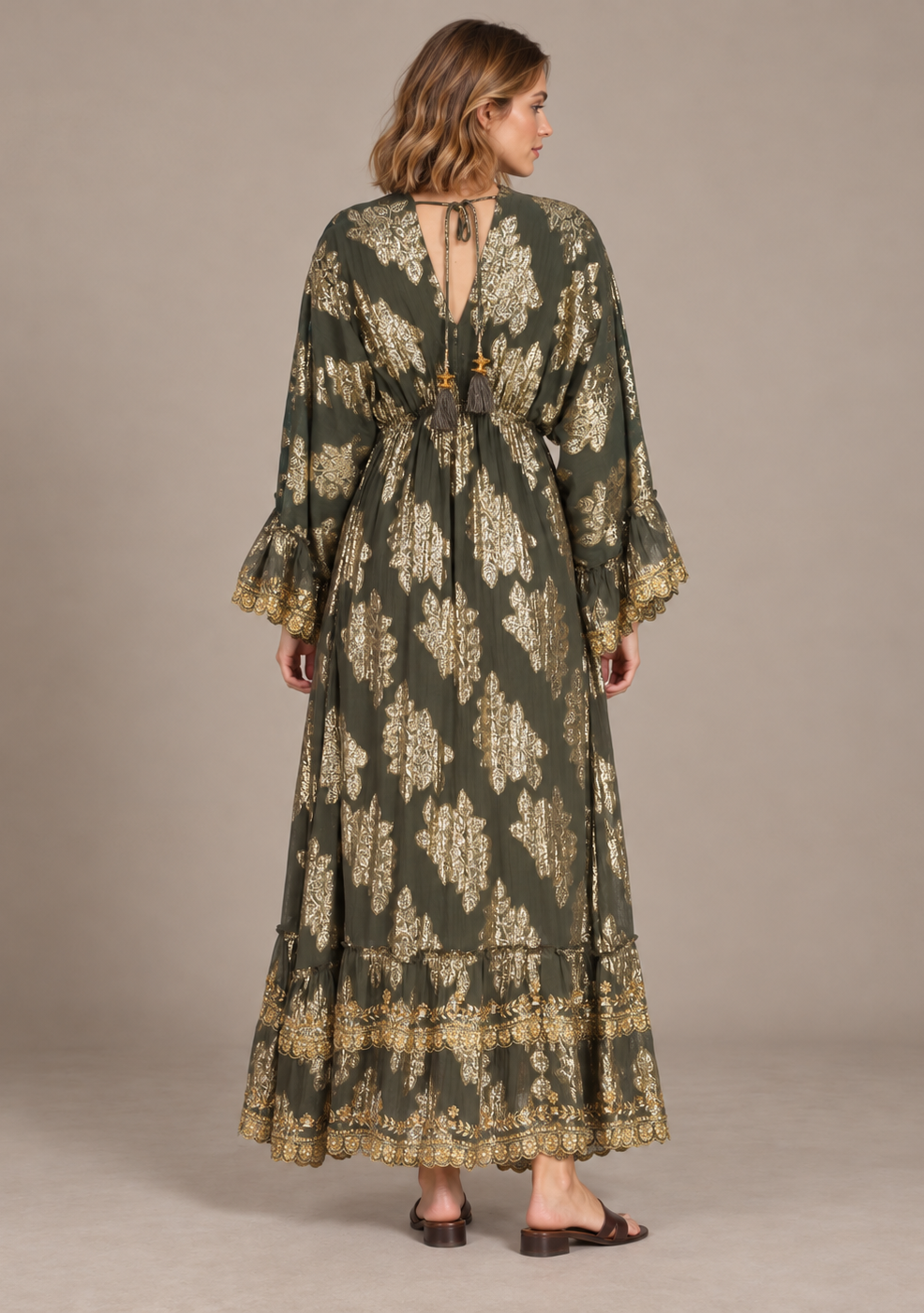 Sofiya Black & Gold Long Dress with Bell Sleeves & Tassel Ties | ibBan