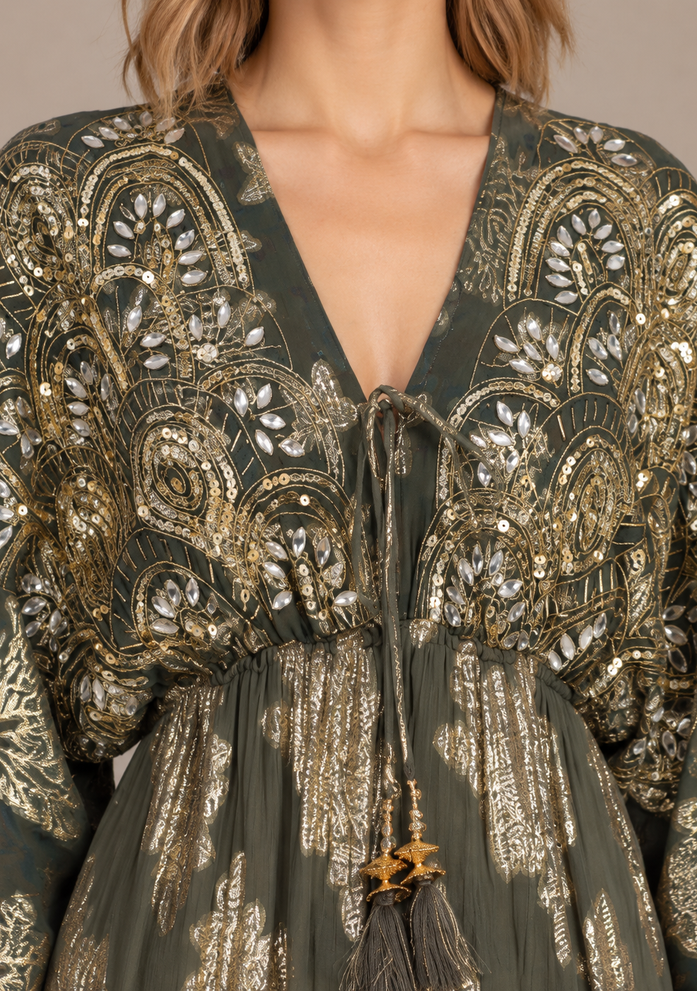 Sofiya Black & Gold Long Dress with Bell Sleeves & Tassel Ties | ibBan