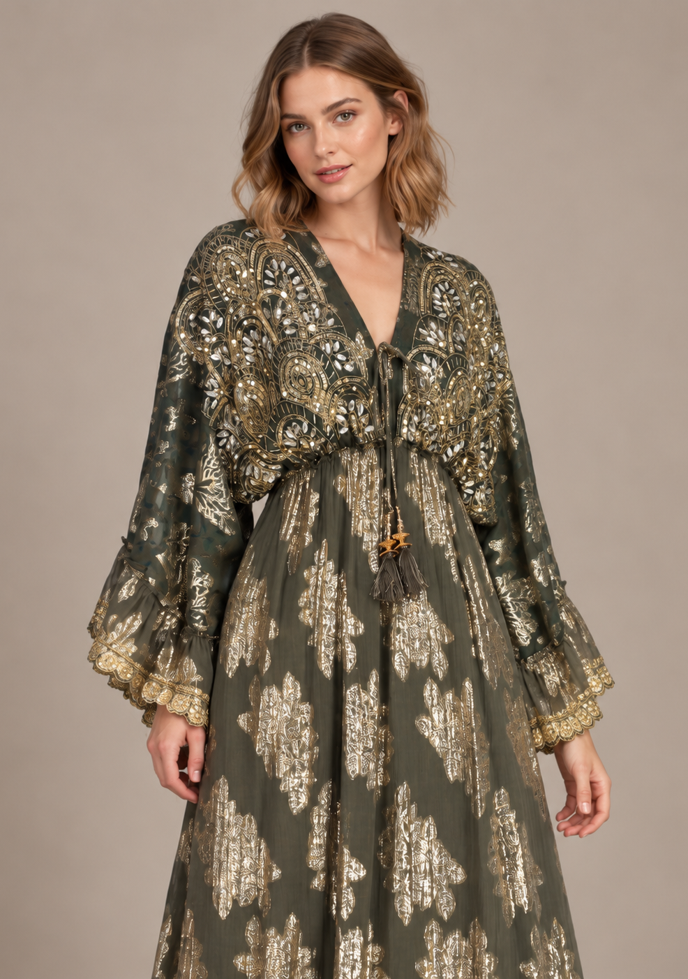 Sofiya Black & Gold Long Dress with Bell Sleeves & Tassel Ties | ibBan