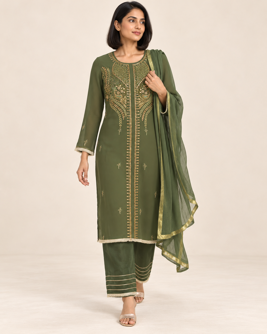 Nirmla Olive Green Embroidered Suit with Dupatta | ibBan