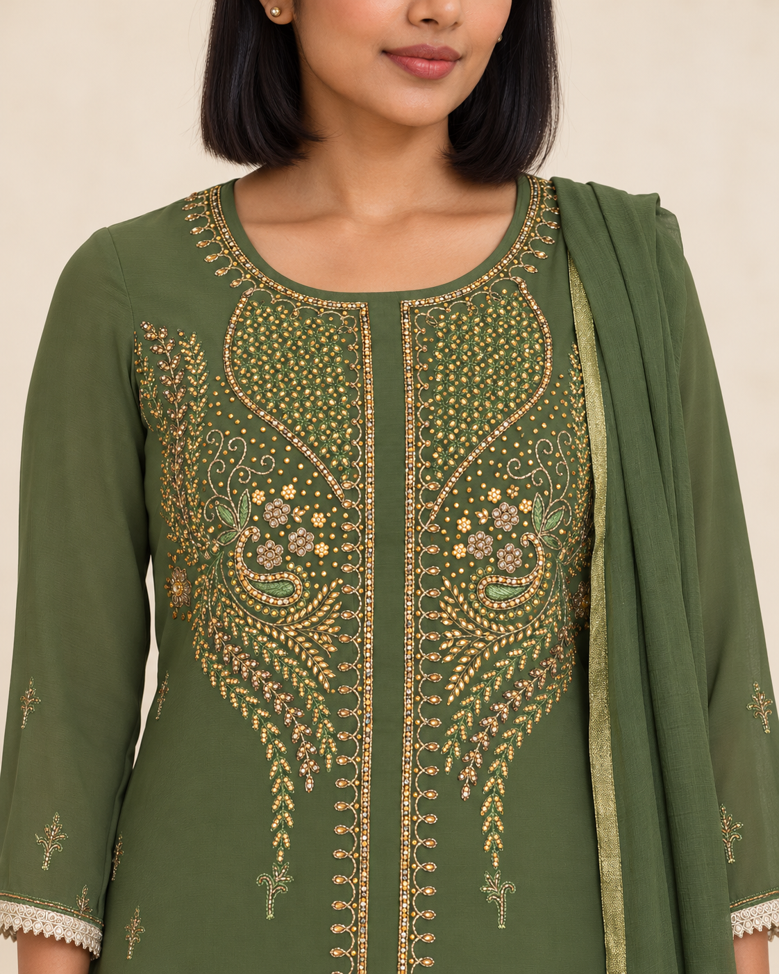 Nirmla Olive Green Embroidered Suit with Dupatta | ibBan
