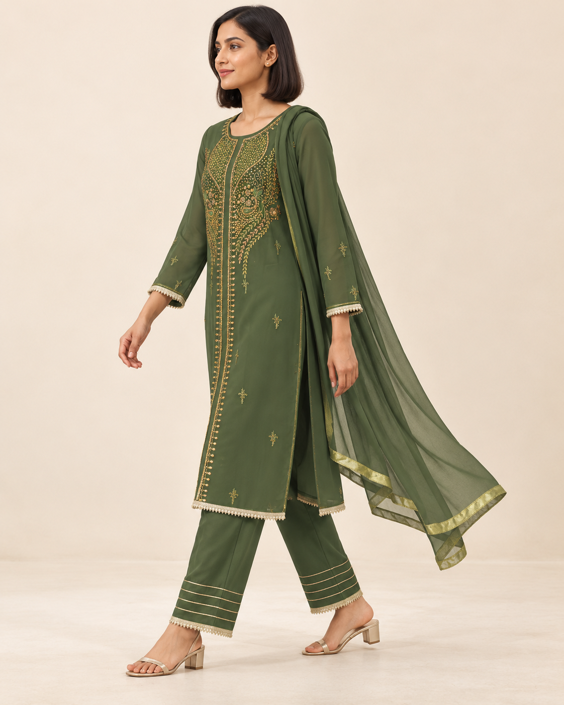 Nirmla Olive Green Embroidered Suit with Dupatta | ibBan