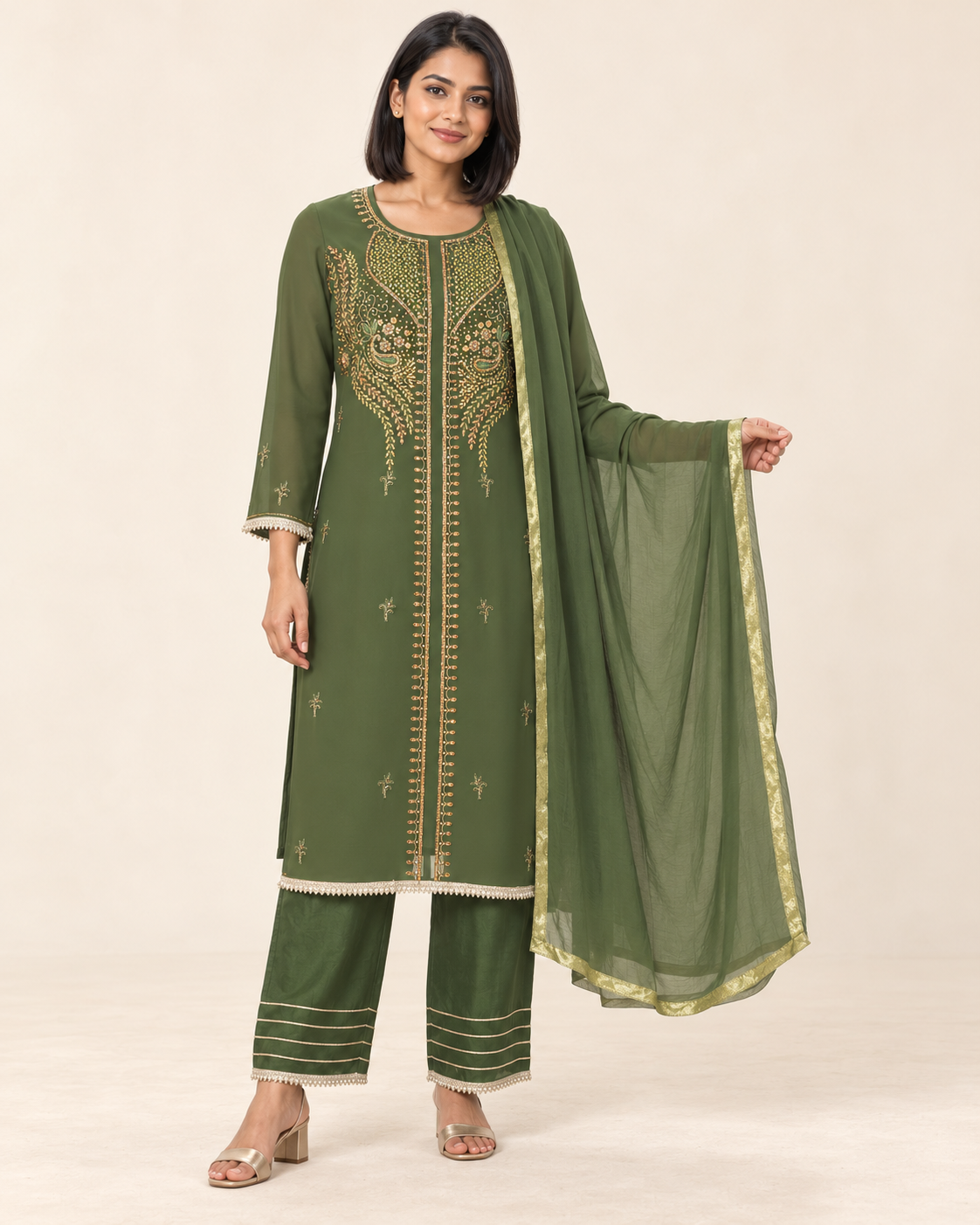 Nirmla Olive Green Embroidered Suit with Dupatta | ibBan