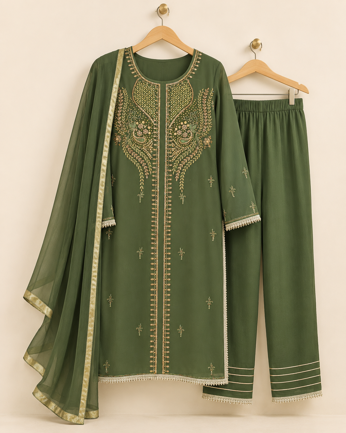 Nirmla Olive Green Embroidered Suit with Dupatta | ibBan