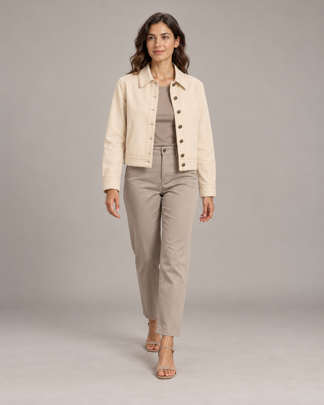 Sahara Cream Cropped Jacket with Scalloped Trim | ibBan