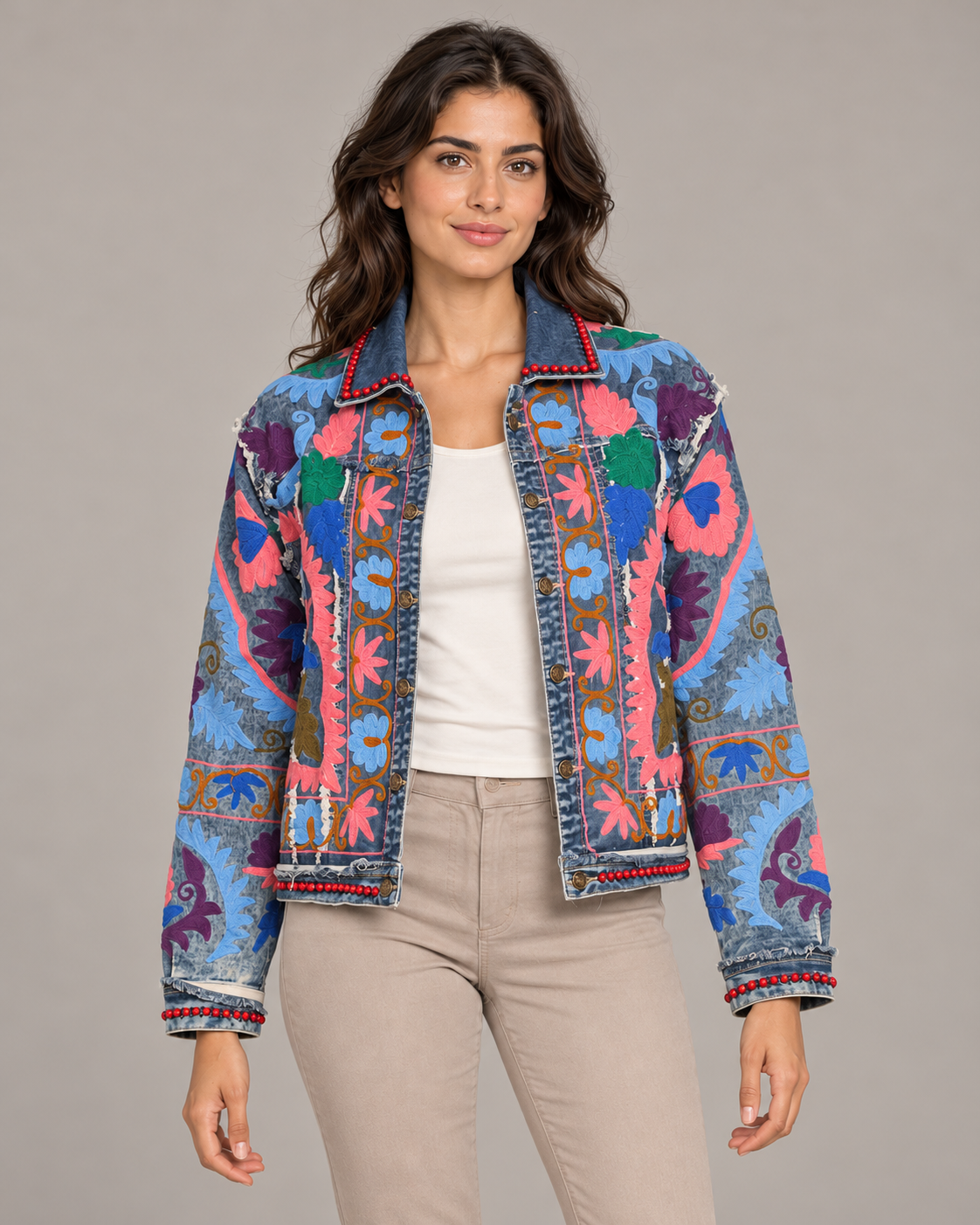 Zoya Women’s Floral Embroidered Blue Denim Jacket | ibBan