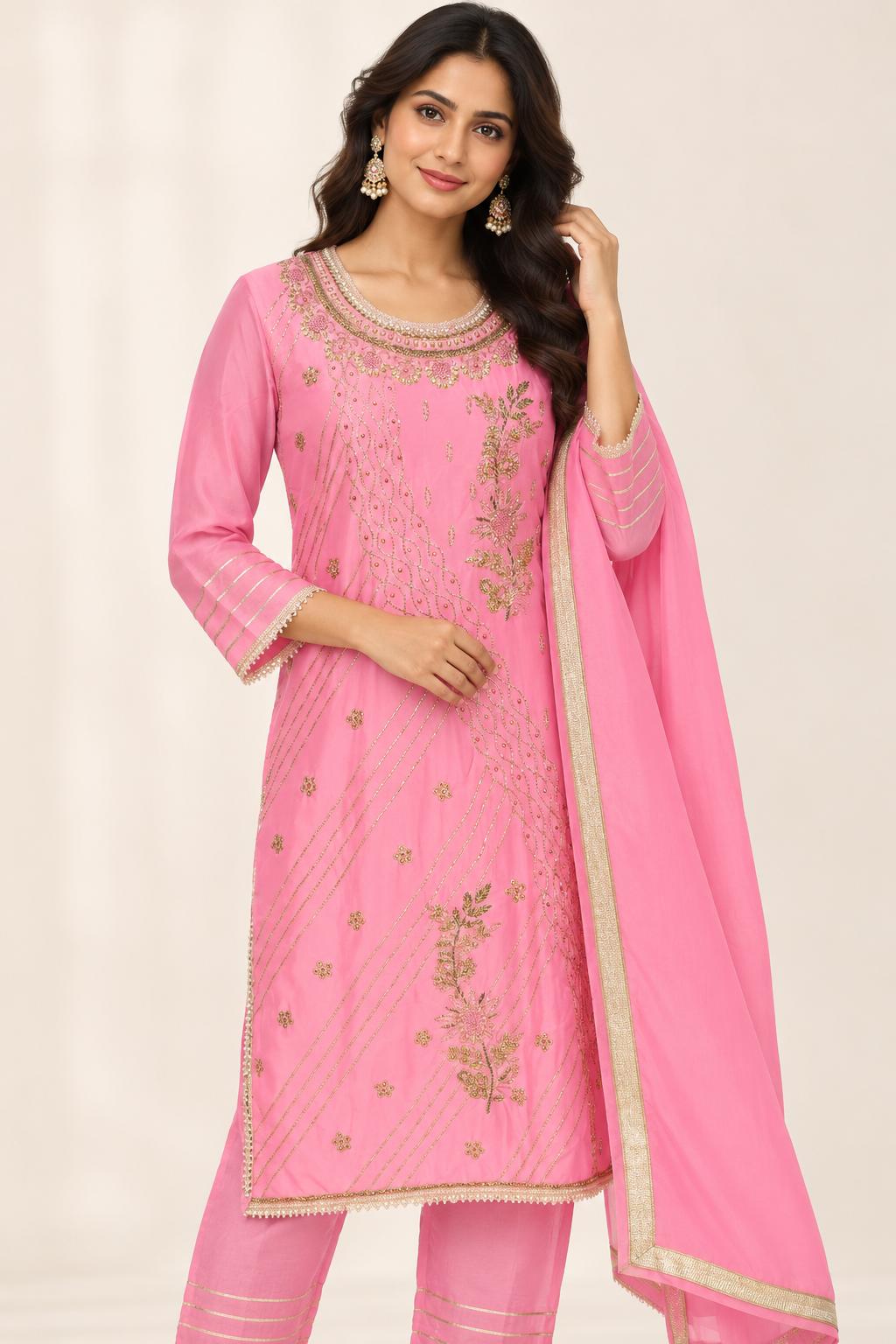 Saisa Pink Floral Embroidered Kurta Set with Trousers & Dupatta | ibBan