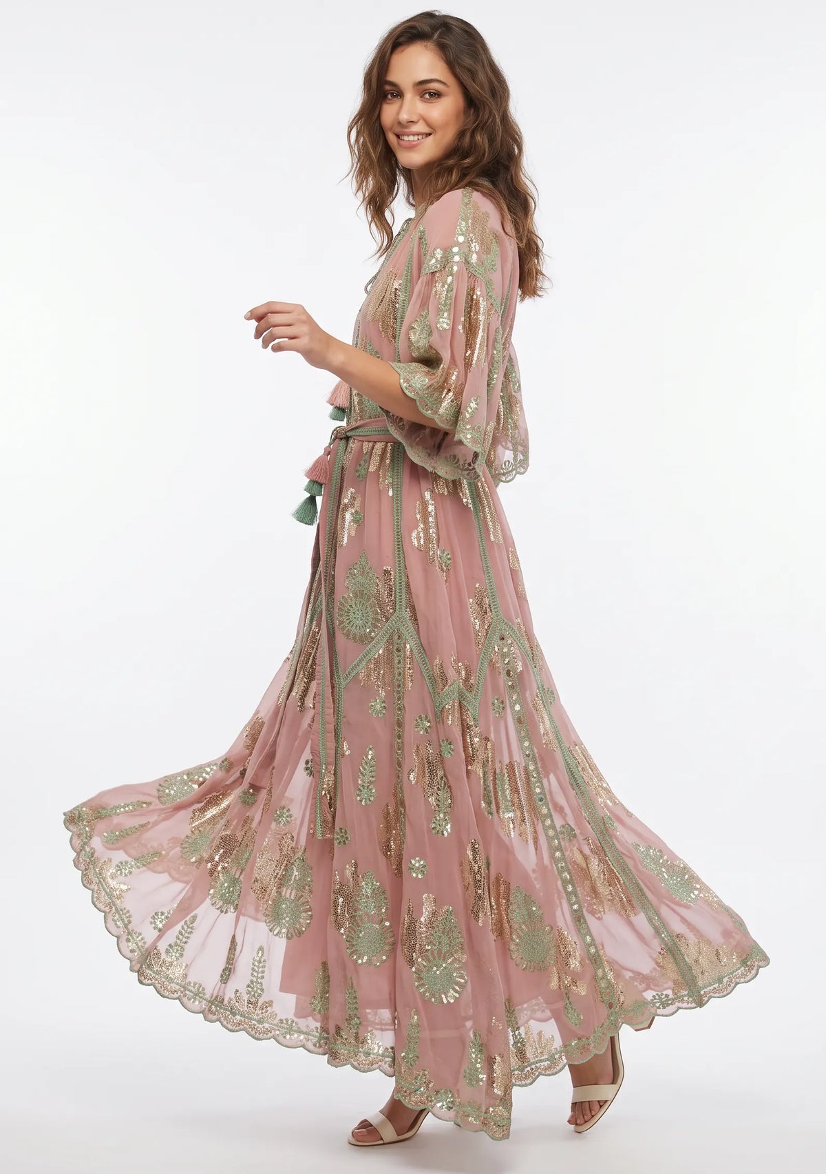 Faiza Long Dress – Embroidered Maxi Dress with Tie Belt | ibBan
