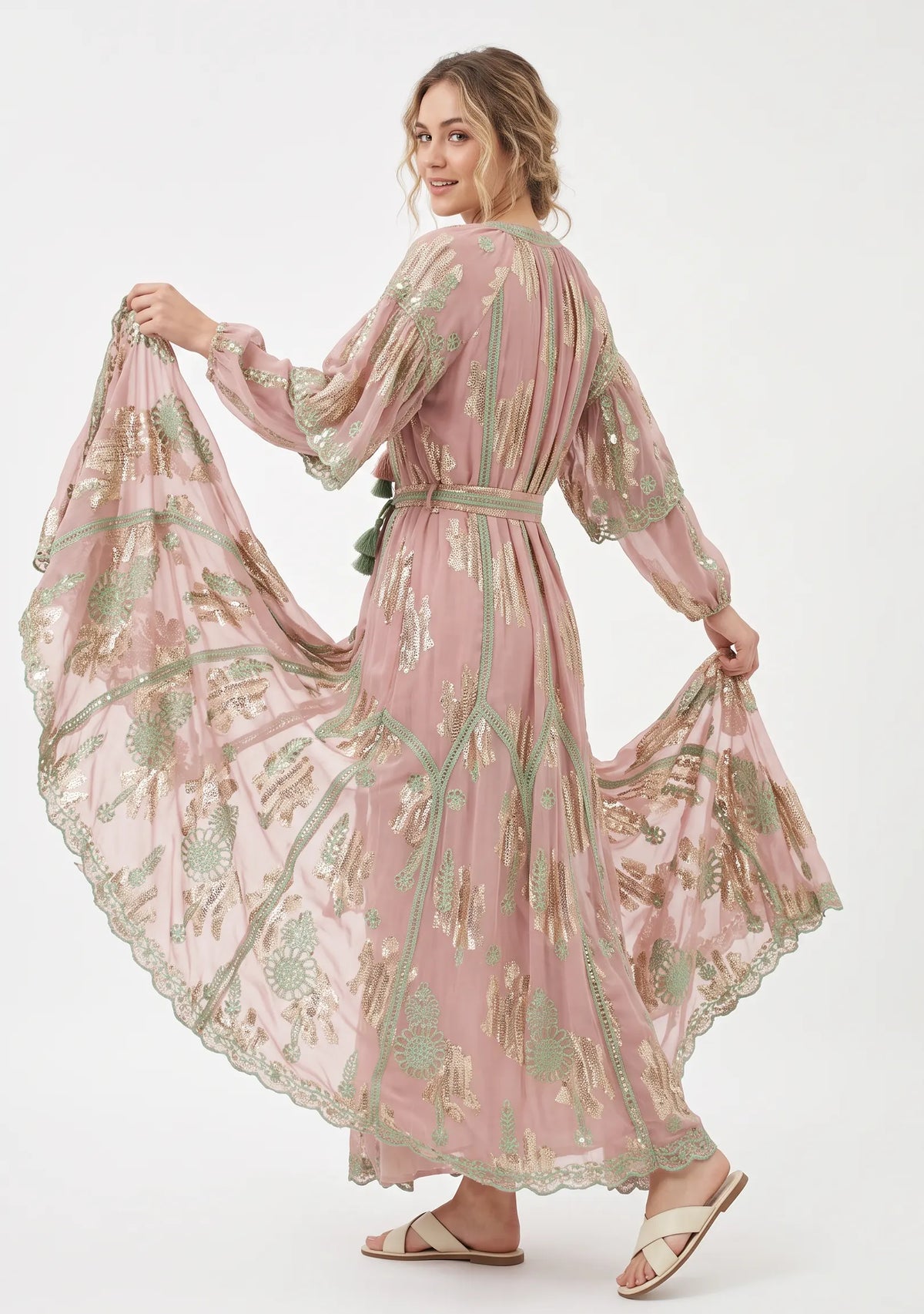Faiza Long Dress – Embroidered Maxi Dress with Tie Belt | ibBan