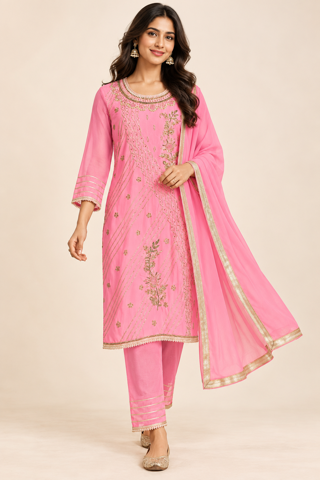 Saisa Pink Floral Embroidered Kurta Set with Trousers & Dupatta | ibBan