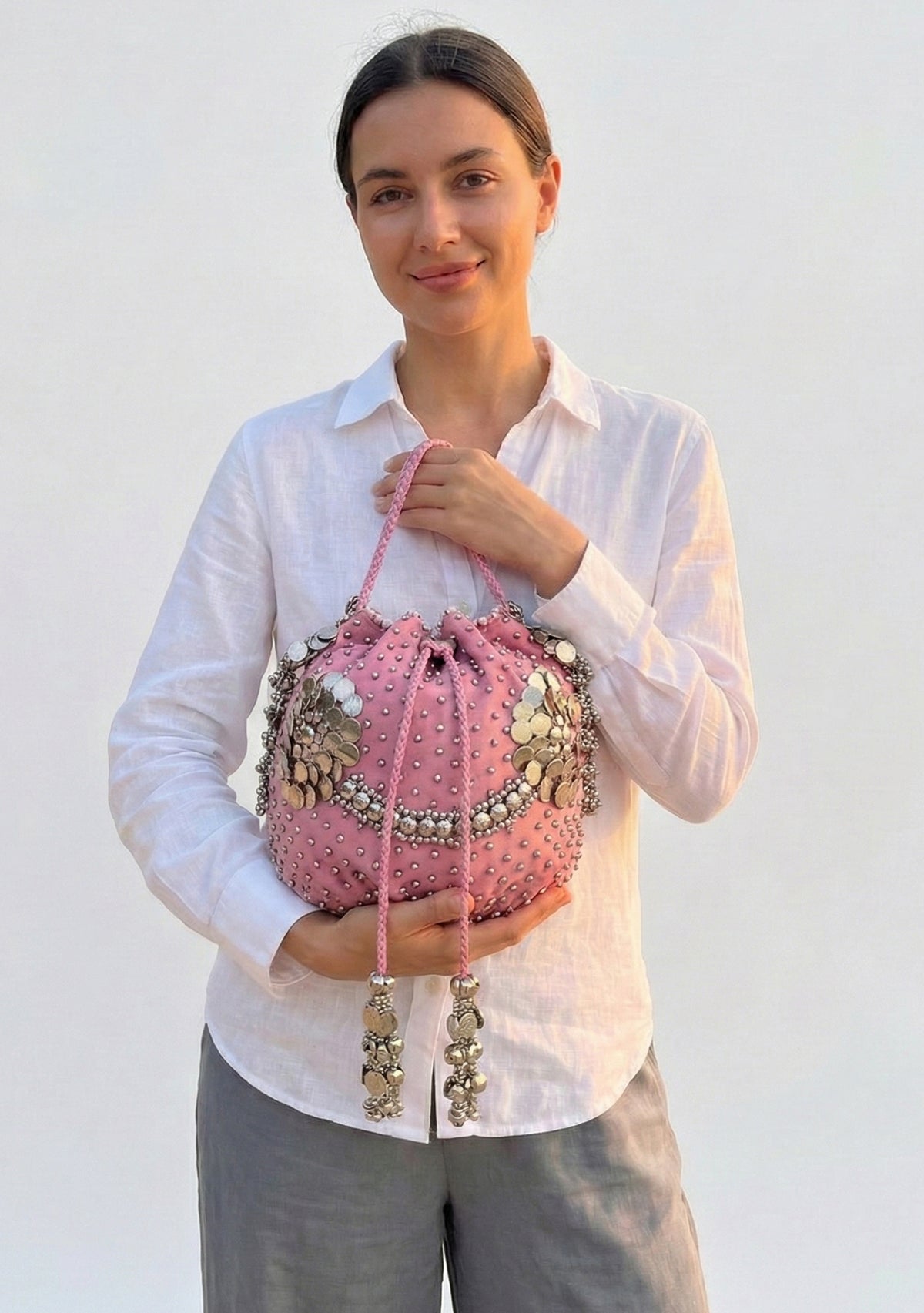 ibBan Hand-Embroidered Canvas Potli Bag with Beadwork - Layra