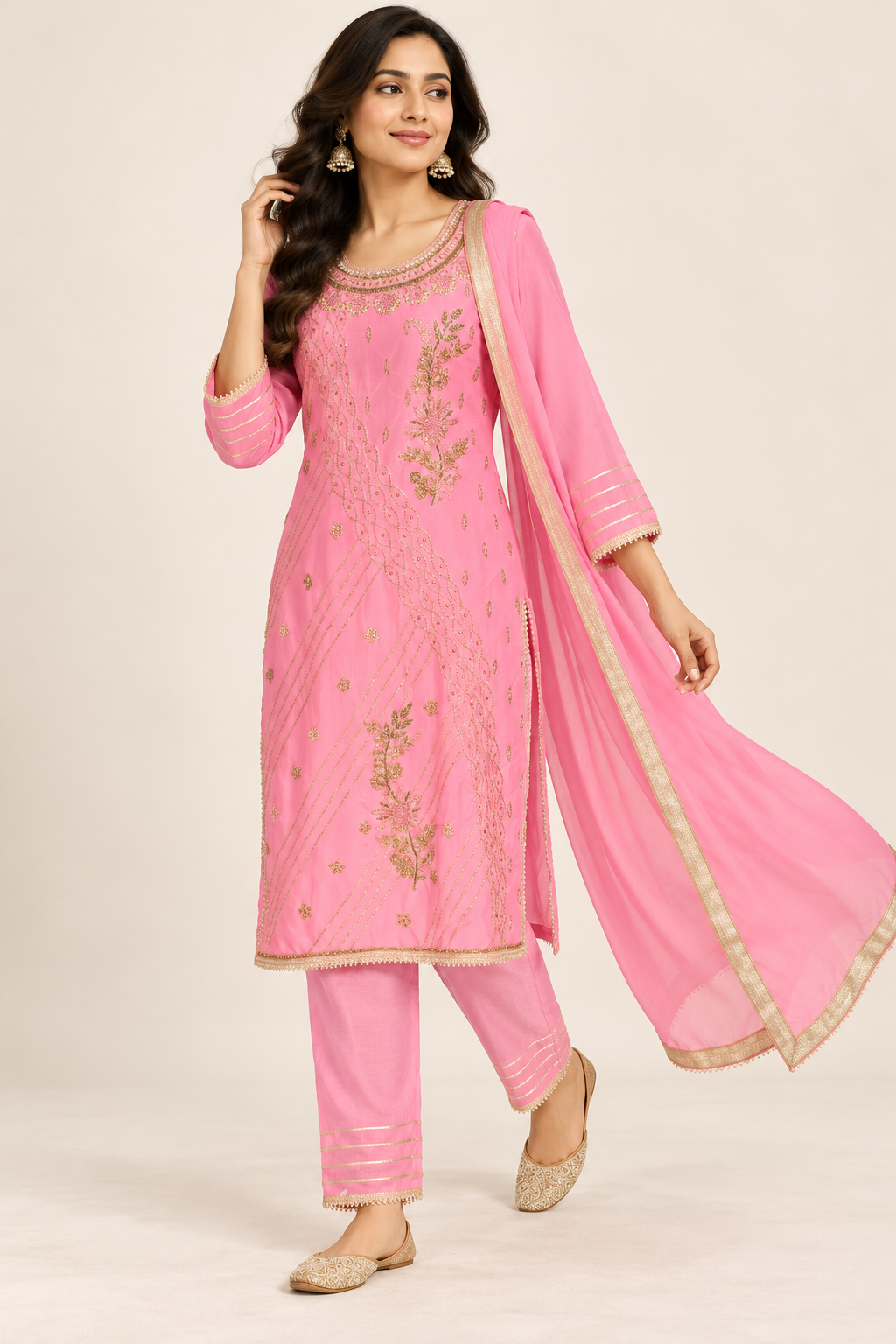 Saisa Pink Floral Embroidered Kurta Set with Trousers & Dupatta | ibBan