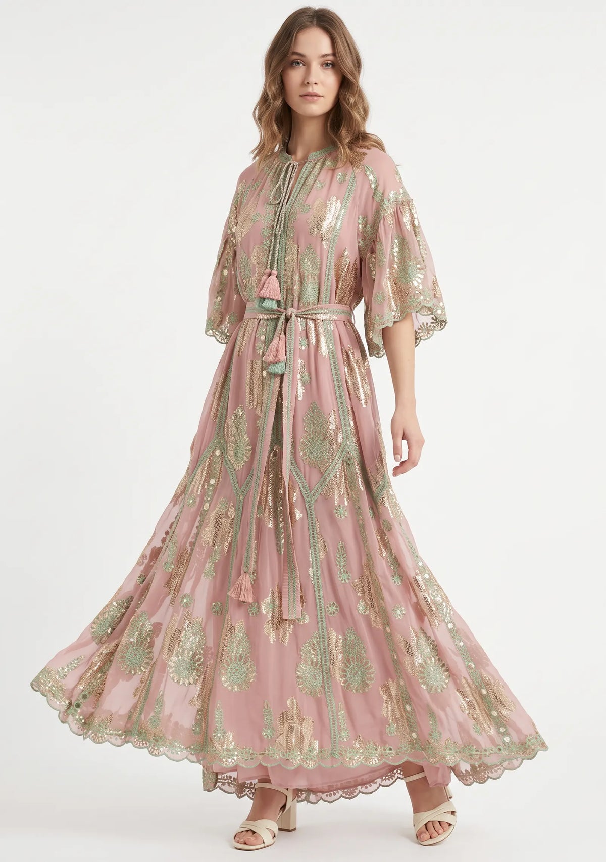 Faiza Long Dress – Embroidered Maxi Dress with Tie Belt | ibBan