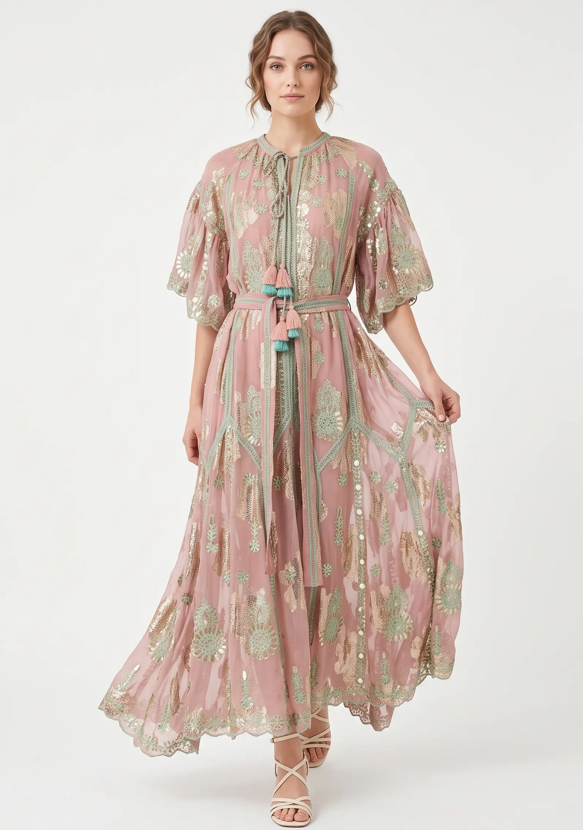 Faiza Long Dress – Embroidered Maxi Dress with Tie Belt | ibBan