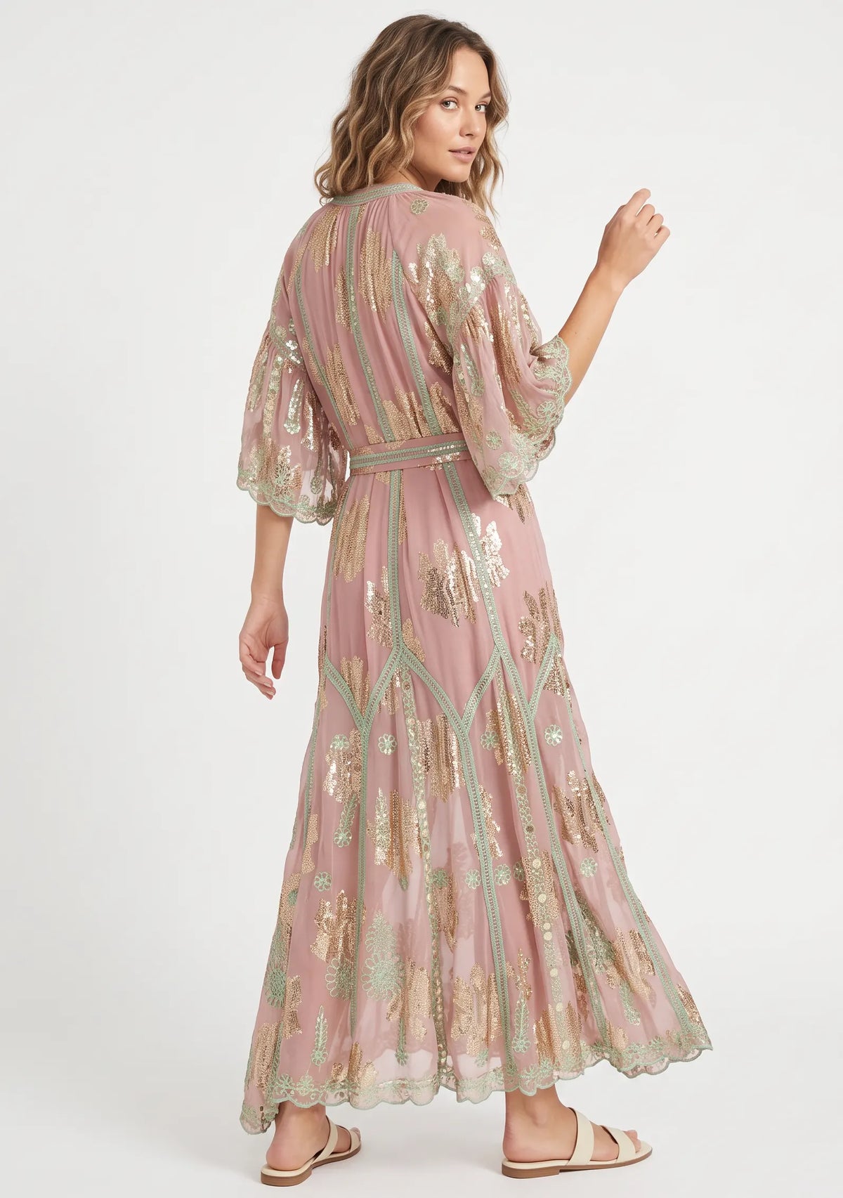 Faiza Long Dress – Embroidered Maxi Dress with Tie Belt | ibBan