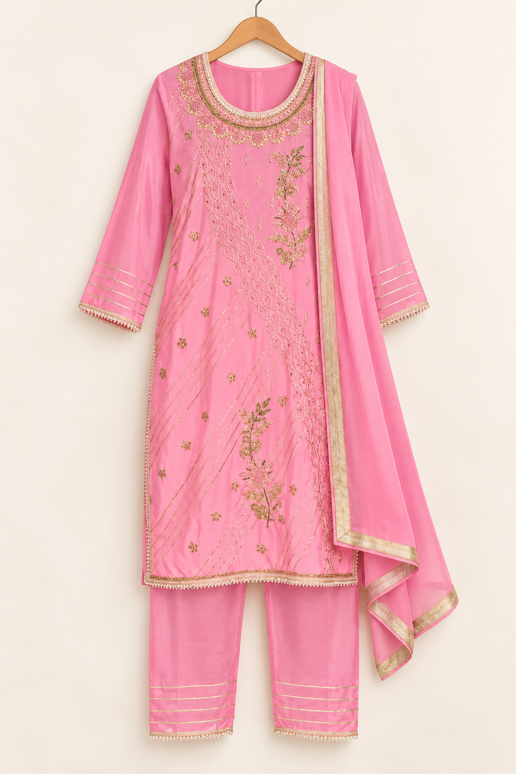 Saisa Pink Floral Embroidered Kurta Set with Trousers & Dupatta | ibBan