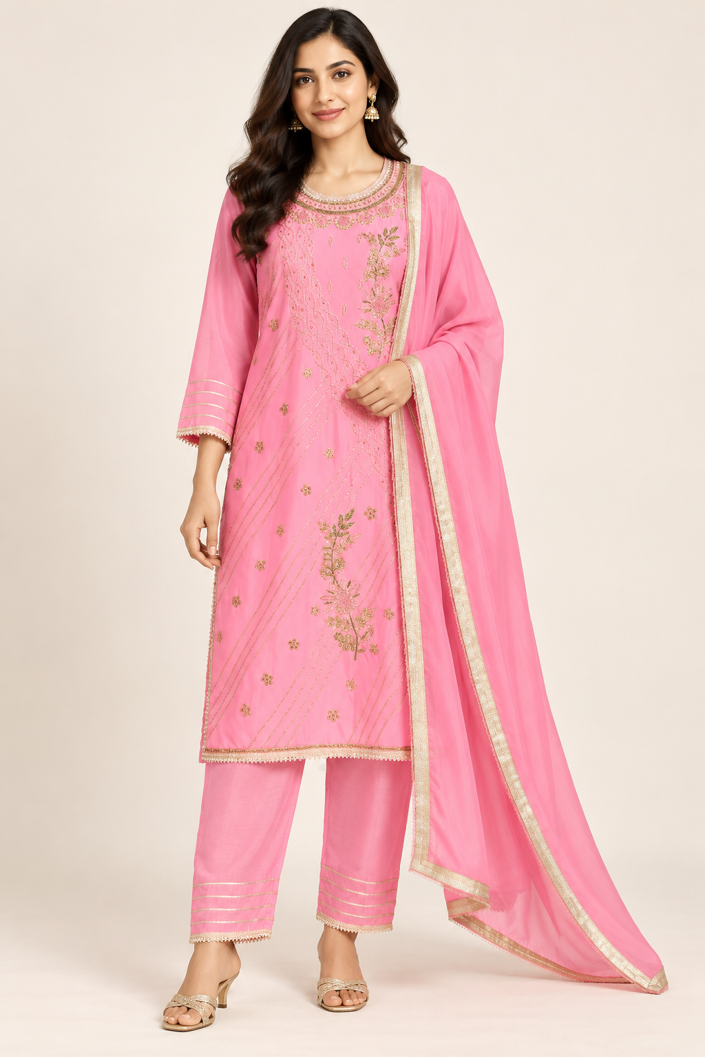 Saisa Pink Floral Embroidered Kurta Set with Trousers & Dupatta | ibBan