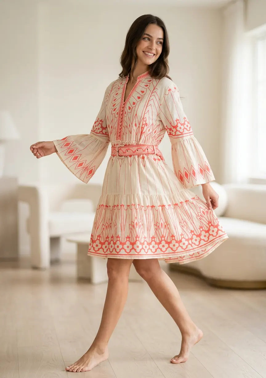 Meerab Short Tunic in Ivory & Black with Bell Sleeves | ibBan