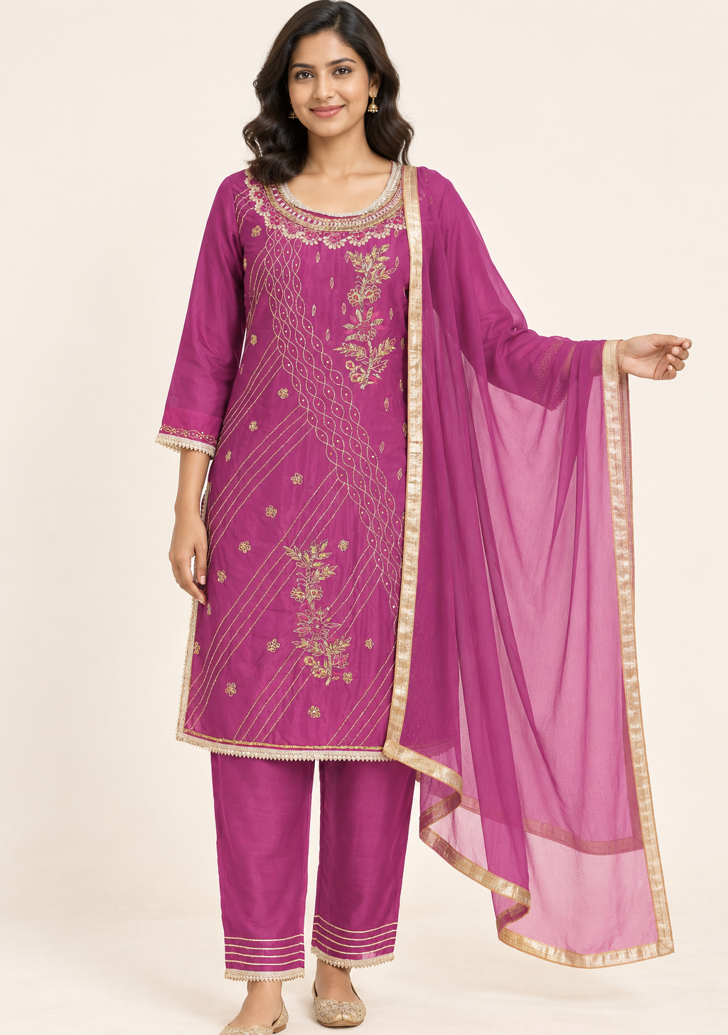 Saisa Purple Embroidered Suit with Trousers & Dupatta | ibBan