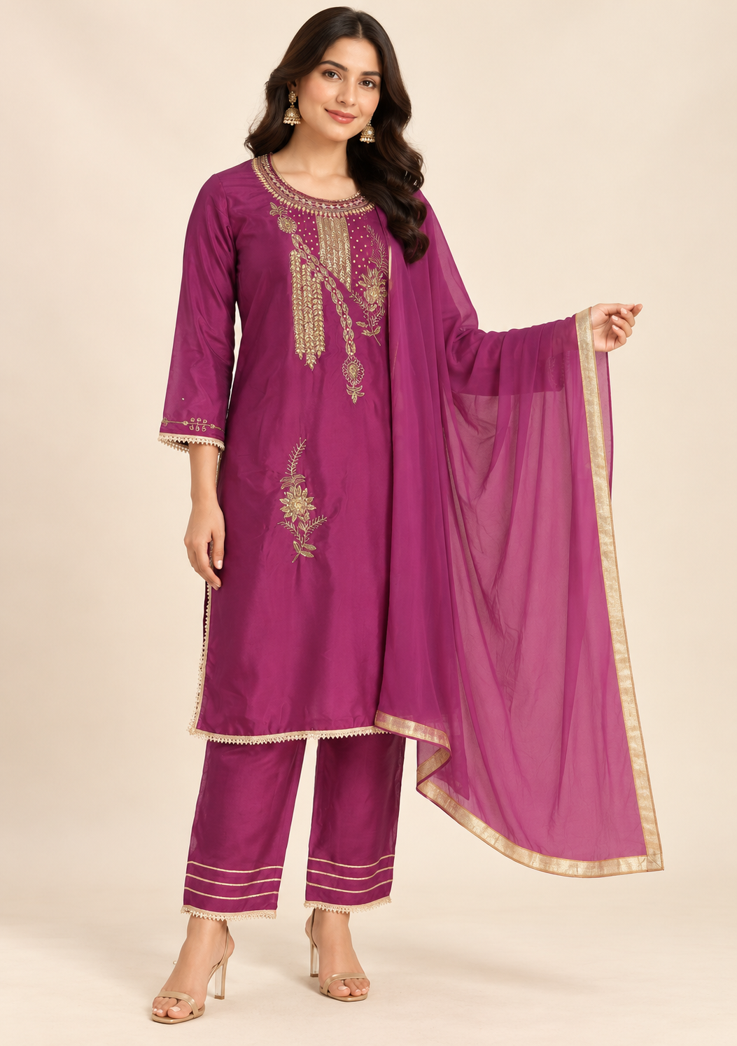 Afsu Purple & Gold Embroidered Kurta Set with Trousers & Dupatta | ibBan