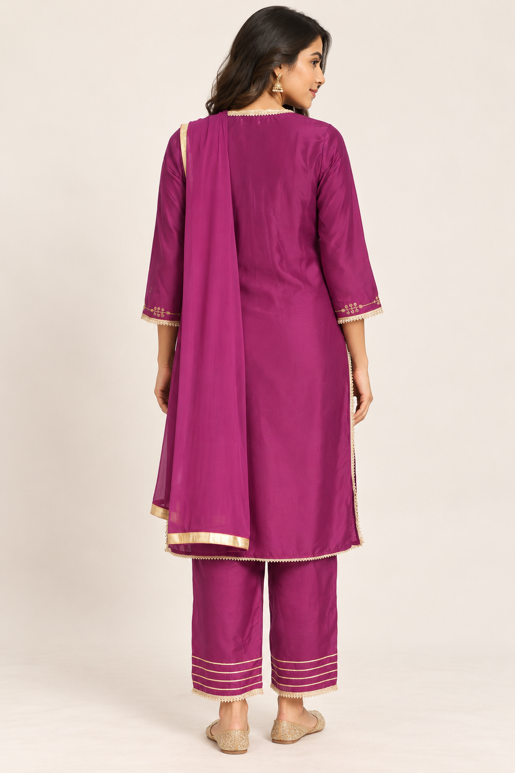 Afsu Purple & Gold Embroidered Kurta Set with Trousers & Dupatta | ibBan