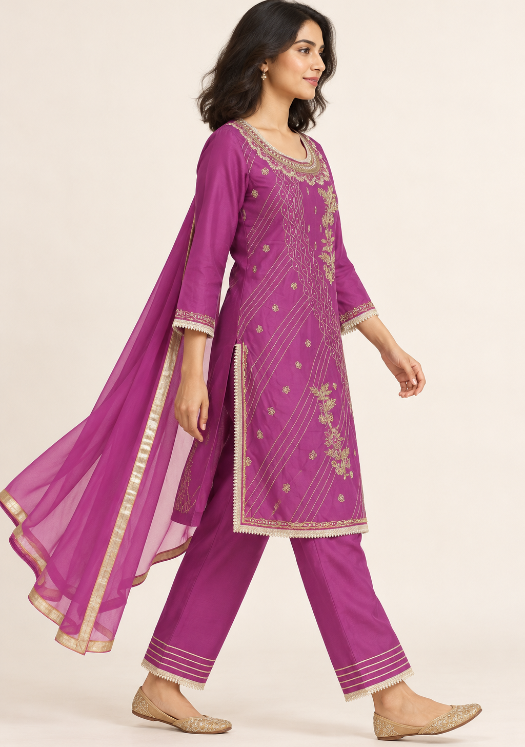 Saisa Purple Embroidered Suit with Trousers & Dupatta | ibBan
