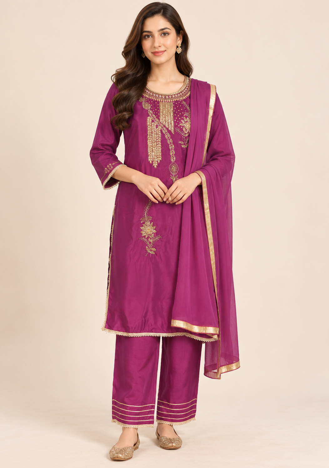 Afsu Purple & Gold Embroidered Kurta Set with Trousers & Dupatta | ibBan