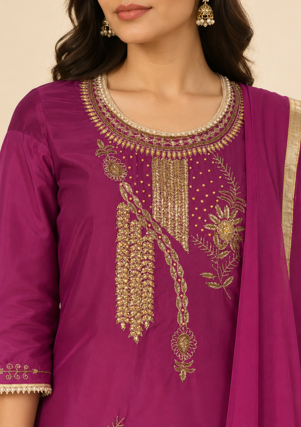 Afsu Purple & Gold Embroidered Kurta Set with Trousers & Dupatta | ibBan