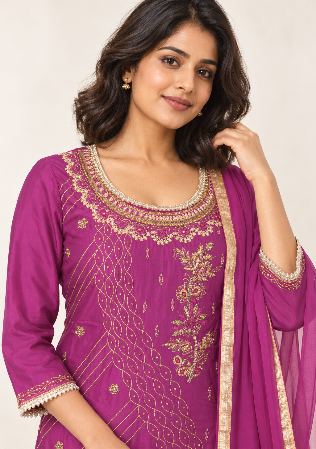 Saisa Purple Embroidered Suit with Trousers & Dupatta | ibBan
