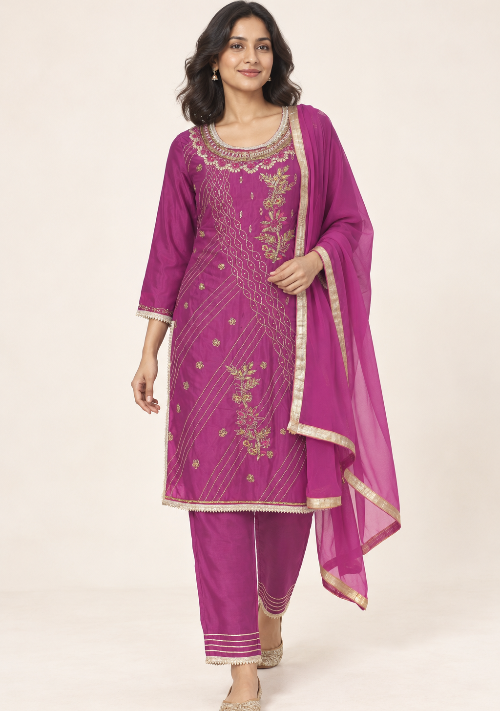 Saisa Purple Embroidered Suit with Trousers & Dupatta | ibBan