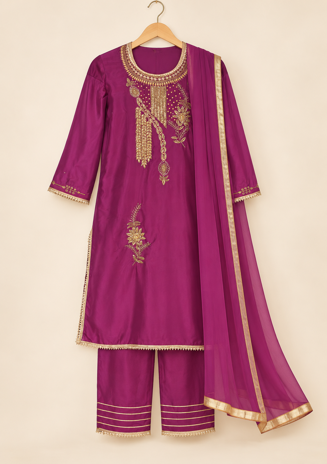 Afsu Purple & Gold Embroidered Kurta Set with Trousers & Dupatta | ibBan