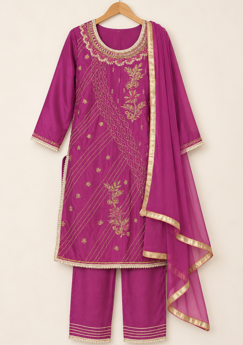Saisa Purple Embroidered Suit with Trousers & Dupatta | ibBan
