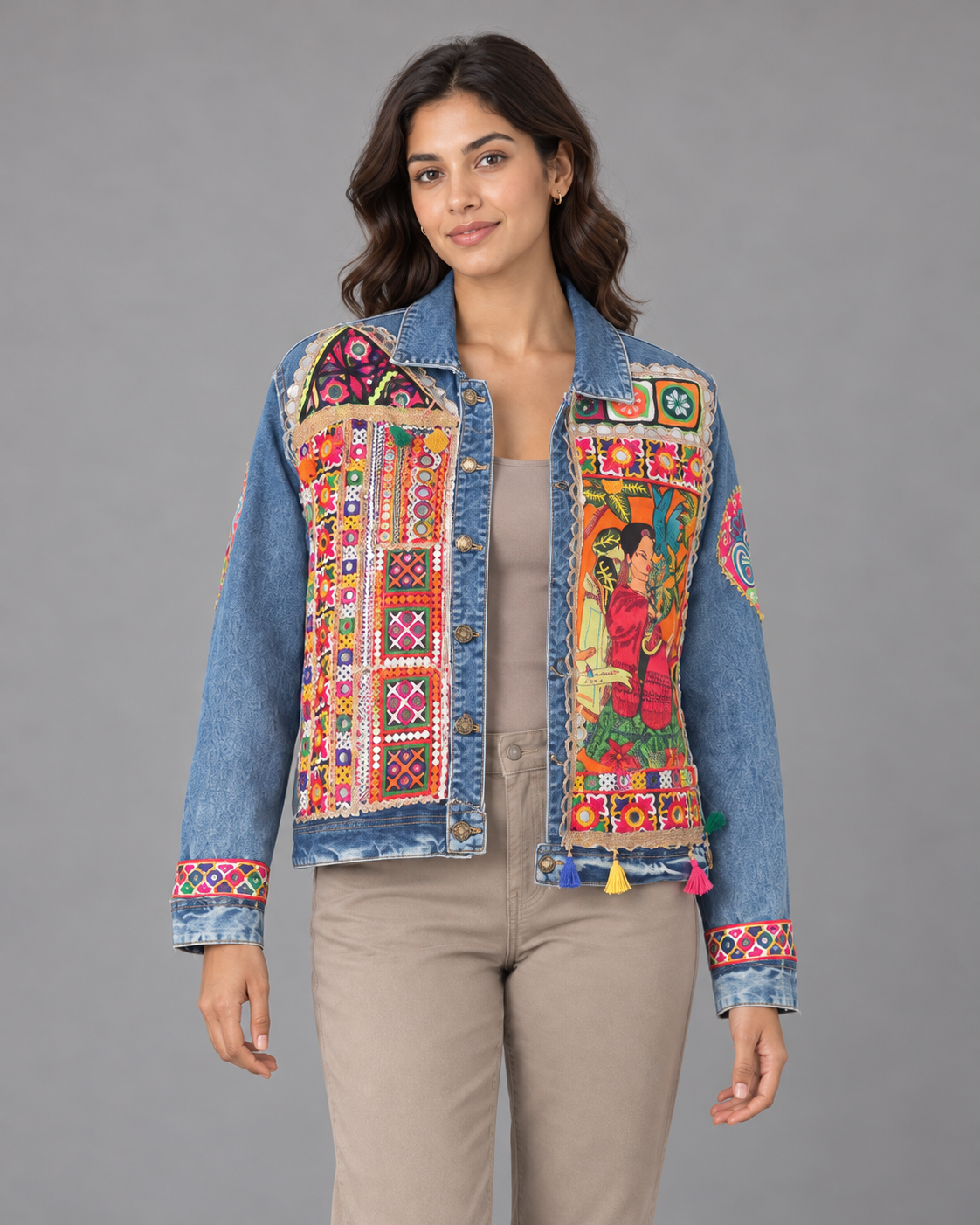 Chitralekha Blue Embroidered Patchwork Denim Jacket | ibBan