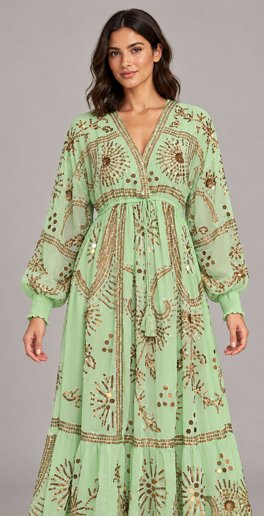 Yara Long Dress in Dusty Rose with Gold Embellishments | ibBan