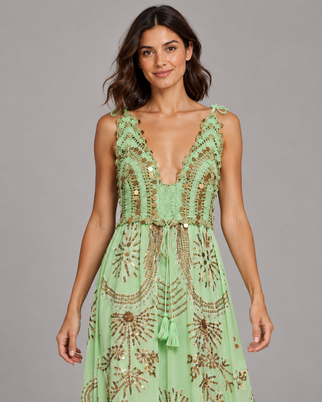 Yara Aqua Strap Dress with Crochet Bodice & Gold Details | ibBan