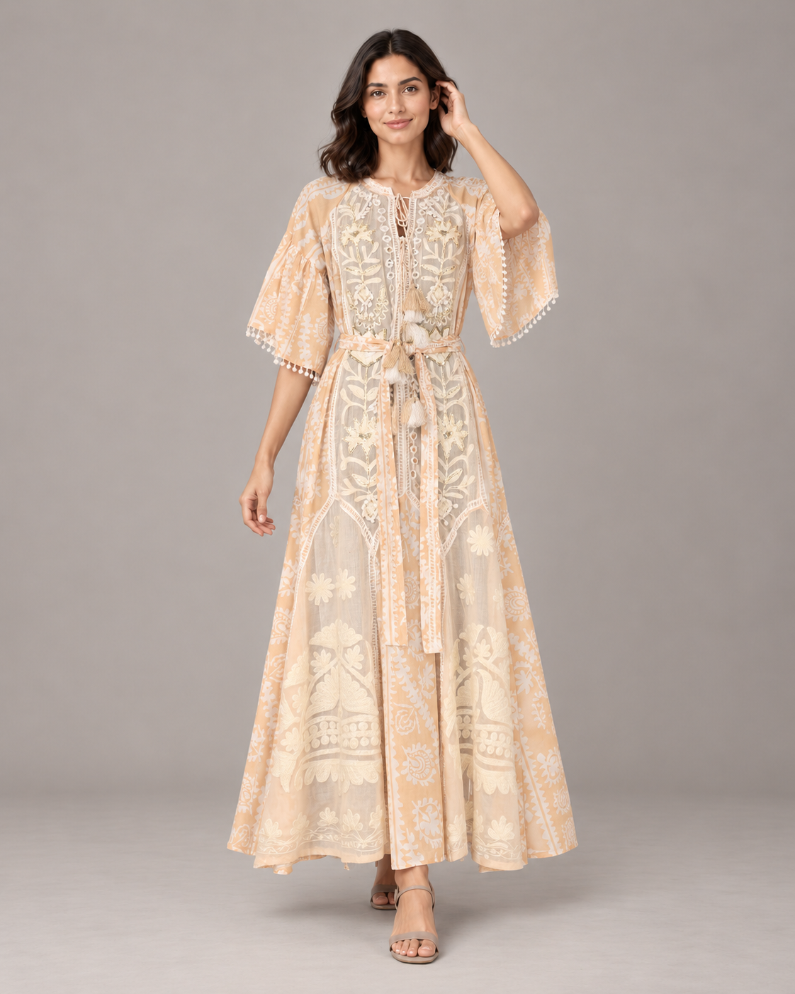 Floral Embroidered Nancy Maxi Dress with Bell Sleeves & Belt | ibBan